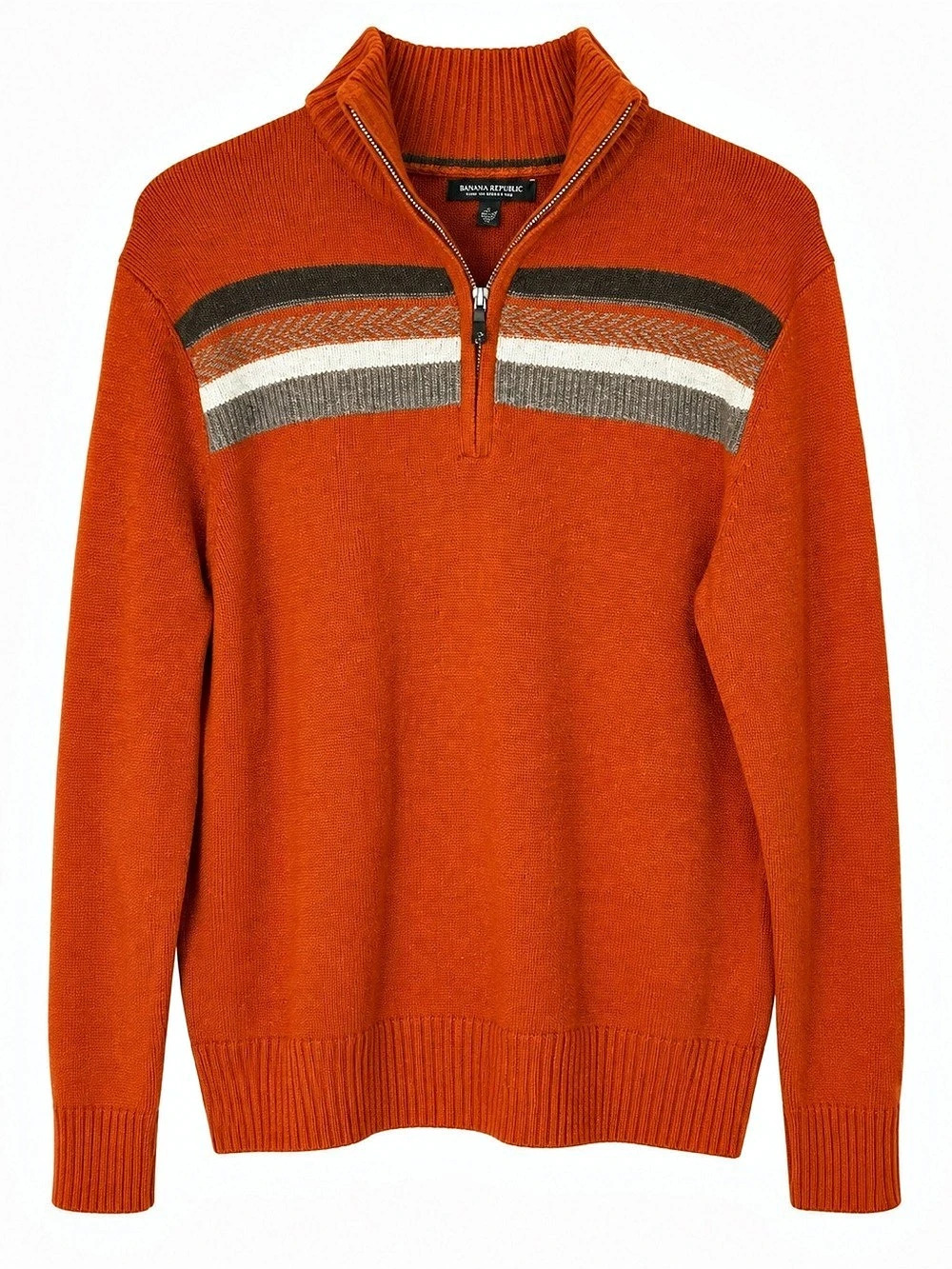 Banana Republic Mens M Merino Wool Quarter Zip Sweater Orange Preppy Fair Isle